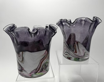 Hand Blown Cased Art Glass Pair Candleholders Vases (Qty 2) Purple Green Swirl