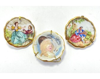 Limoges France Mini Plates Porcelain Mixed Lot 3 Portrait Scenic Gold Trim