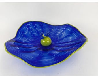 Hand Blown Art Glass Bowl Blue w Green Rim Prunt Center 12" Modern