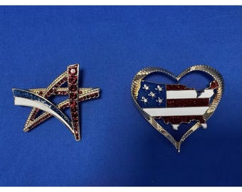 Anne Klein American USA Broches de estrella y corazón, rojos, blancos y azules, lote de 2