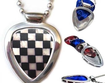 Guitar Pick Holder Pendant Necklace Set by Pickbay + Vintage Checkerboard Guitar Pick (hypoallergenic Stainless Steel) function & fashion