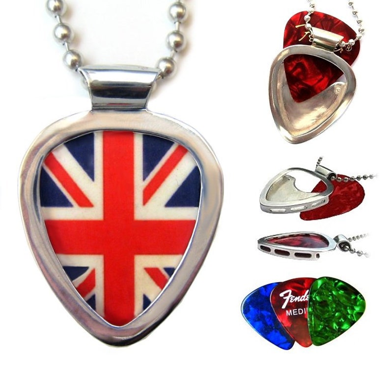 Union Jack & PICKBAY Chrome Guitar Pick Holder pendant necklace set MUSICIAN Music Lover GIFT Solved image 1