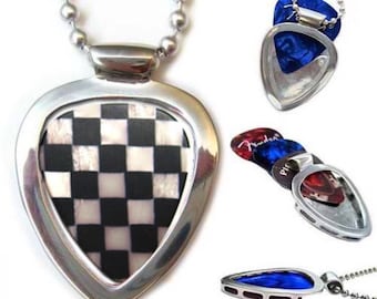 Pickbay Guitar Pick Necklace + Vintage Checkerboard Guitar Pick (Stainless Steel)