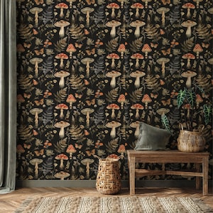 May include: Dark wallpaper featuring a repeating pattern of mushrooms, ferns, and butterflies in shades of red, brown, and gold against a black background. The room includes a wooden bench, baskets, and a plant.