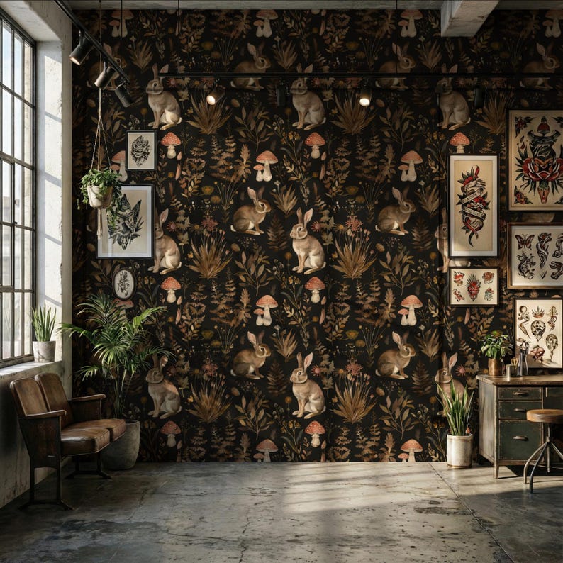 Backgrounds With Pattern Rabbit Woodland Rabbit Peel and Stick Wallpaper, Dark Cottagecore - Etsy UK
