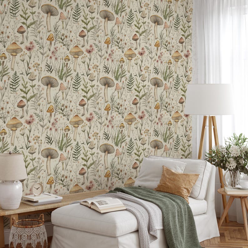 Cottagecore Mushroom Wallpaper, Fern & Wildflower (peel and Stick ...