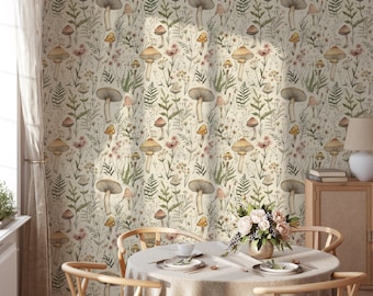 Cottagecore Mushroom Wallpaper, Fern & Wildflower (Peel and Stick, Removable)