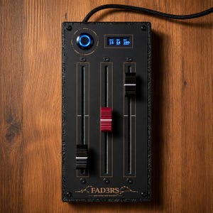 Puede incluir: Un controlador de audio negro con tres deslizadores verticales, uno rojo y dos negros, con un botón circular iluminado en azul, una pantalla digital que muestra los números 18, 64, 109 y el texto FAD3RS automation with precision abajo.