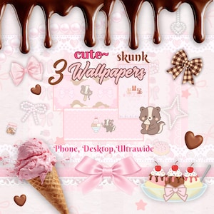 Pode incluir: Um design de arte digital com tema rosa, apresentando um skunk, sorvete e laços. O texto diz "cute skunk 3 Wallpapers" e "Phone, Desktop, Ultrawide". Gotas de chocolate da parte superior.