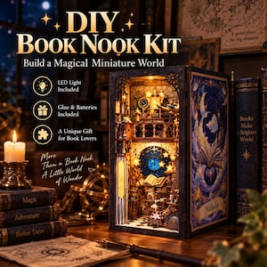 May include: A DIY book nook kit featuring a miniature library scene with warm LED lighting, intricate wooden structures, and a celestial-themed side panel labeled Nebula. The kit includes glue and batteries for assembly, presented as a decorative display.