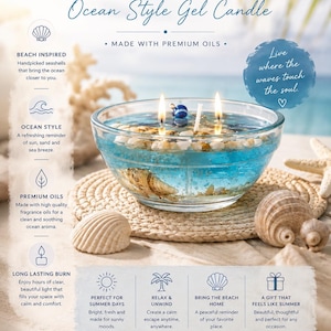 May include: A clear glass bowl filled with blue gel wax, containing embedded seashells and two lit wicks. The text reads: SUMMER IN A CANDLE, BEACH MEMORY, Ocean Style Gel Candle, MADE WITH PREMIUM OILS, Live where the waves touch the soul, PURE INGREDIENTS. PURE MEMORIES.