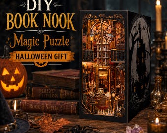 May include: A DIY book nook kit featuring a miniature interior scene with warm lighting, a skull, and clock details. The exterior side panel displays a black and white illustration of a haunted house. Text reads: DIY BOOK NOOK Magic Puzzle HALLOWEEN GIFT.