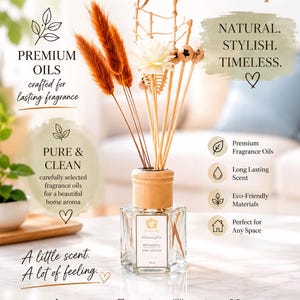 May include: A glass reed diffuser with a light wood cap, containing fragrance oil and featuring decorative dried orange grass stalks and a white flower. The label reads HOME FEL Premium Oils PURE FRAGRANCE HOME DIFFUSER 100 ML. Text surrounds the product.