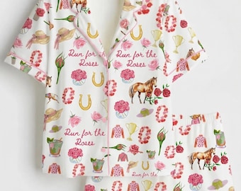 Set pigiama PajamaPink Kentucky Derby, abbigliamento da notte per corse di cavalli, pigiama Run for the Roses, set da relax per fantini e purosangue, pigiama equestre