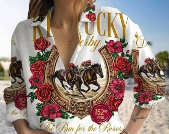 Run for the Roses Blouse Shirt, Kentucky Derby Tee, Horse Racing Churchill Downs Floral Blouse, Derby Day Outfit Women, Equestrian Style