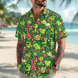 Chemise hawaïenne Bulbizarre Leafeon Chemise boutonnée tropicale motif floral plage d'été drôle unisexe tenue chemise Bulbizarre cadeaux