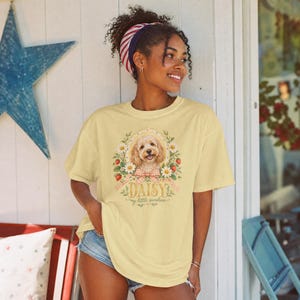 Custom Cavapoo Shirt, Personalized Strawberry Daisy Dog Tee with Name and Photo, Comfort Colors Dog Mom Gift, Cottagecore Dog Shirt