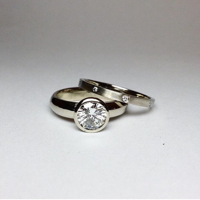 Bezel Set Engagement Ring and Wedding Band Etsy