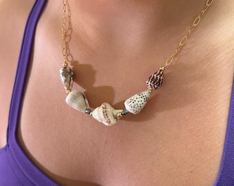 18k Gold Plated Multi Cone Shell Necklace with Gold and Blue Pearl Beads