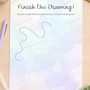 May include: A white activity sheet with the text Finish the Drawing! and Use your imagination & create a picture using this starting line! featuring a black wavy line on a background of soft pastel blue, purple, and pink geometric shapes.
