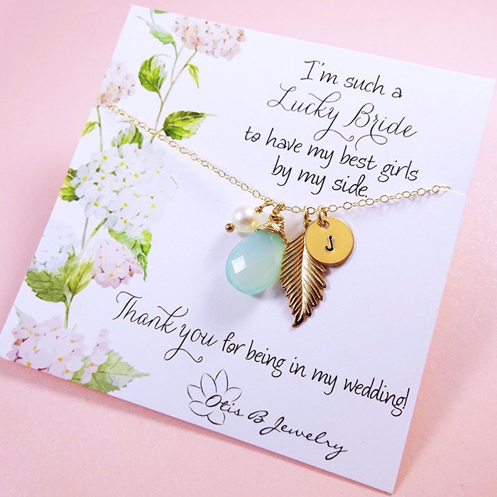 bridesmaid thank you card personalized necklace gift set