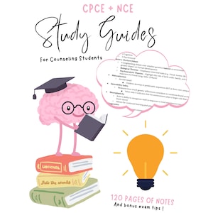 Op de afbeelding: Illustratie voor studenten counseling. Een roze hersenen met bril en afstudeerhoed leest een boek op een stapel boeken. Tekst: "Study Guides For Counseling Students" en "120 PAGES OF NOTES And bonus exam tips!"