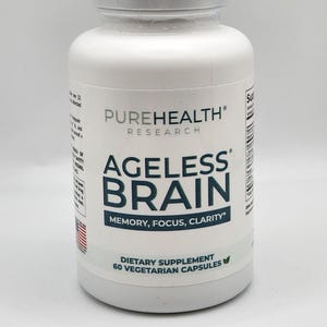 May include: A white bottle of "AGELESS BRAIN" dietary supplement. The label includes the text "MEMORY, FOCUS, CLARITY" and "60 VEGETARIAN CAPSULES". The brand name "PUREHEALTH RESEARCH" is also visible.