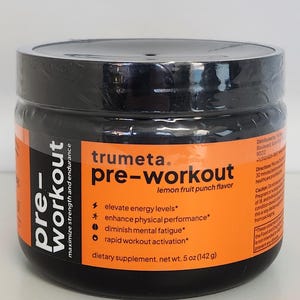May include: A black jar of "trumeta pre-workout" dietary supplement with a lemon fruit punch flavor. The label is orange and black, listing benefits like elevated energy levels and rapid workout activation. The jar contains 5 oz (142 g).