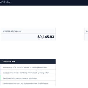 May include: An Owner Pay & Tax Executive Dashboard digital interface displaying financial metrics. Key data points include YTD Total Owner Pay of $109,750.00, Average Monthly Pay of $9,145.83, Annual Tax Set Aside of $31,940.00, and Living Budget Coverage of 100.4%.