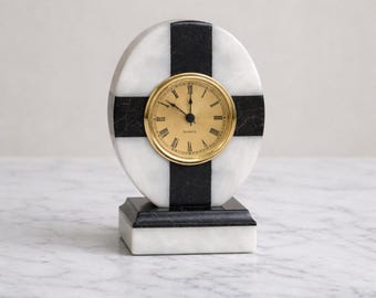 Marble Oval – Black & White Desk Clock | Solid Marble Office Décor | Custom Engraving