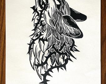 Gevangen in doornen: handgemaakte linosnede