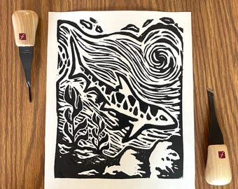 Tubarão-leopardo - Impressão em linóleo Monterey 8x10