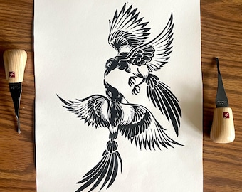 Pegas - Impressão em linóleo de vida selvagem 13x10