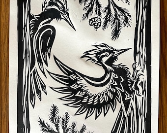 Pica-paus empoleirados - Impressão em linóleo de 20x28 cm de vida selvagem