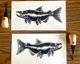 Salmão - Impressão em linóleo de 11x6 anos - Vida Selvagem