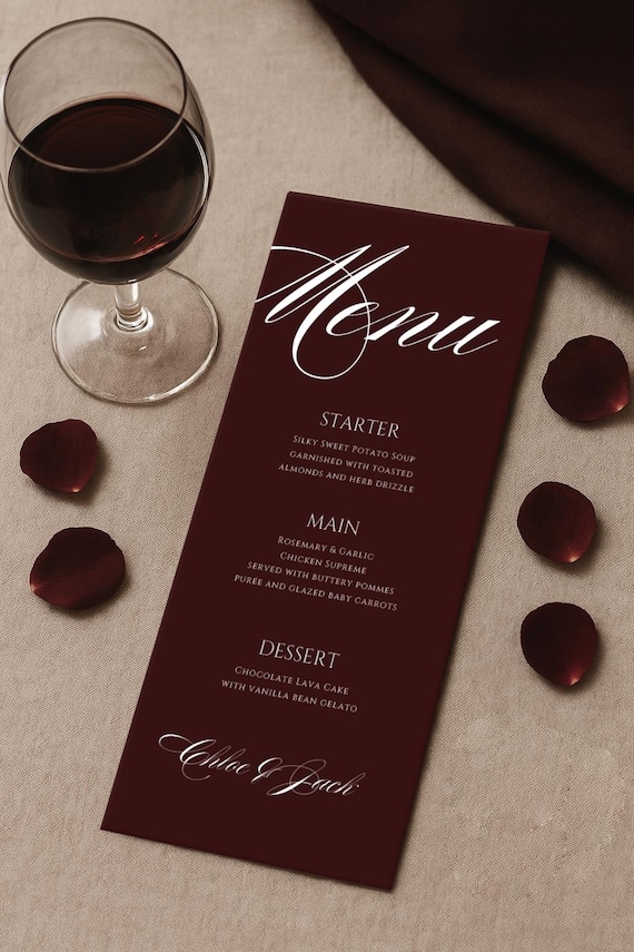 Burgundy Wedding Menu Template, Elegant Dinner Party Card (Digital Download)