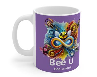 Colorful Bee U Mug | Whimsical Infinity Swirl purple Ceramic Coffee Cup