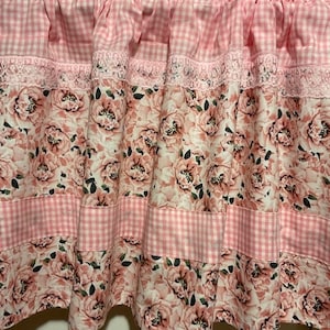 Handmade Pink Plaid , Floral and Lace Valance, 41 x 15 inches