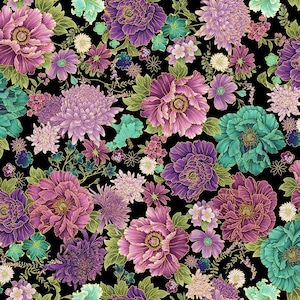Timeless Treasures Asian Floral with Metallic Gold ,Cotton Fabric by the yard,1/2 yard