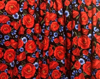 Handgemachte rote Mohn und blaue Blumen Valance, 41 x 15 Zoll, J