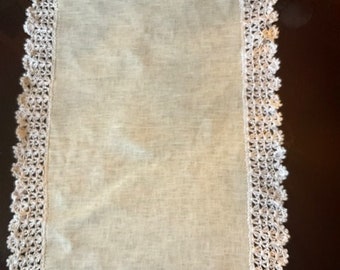 White Linen Table Runner with Crochet Edging,16 x 24 inches
