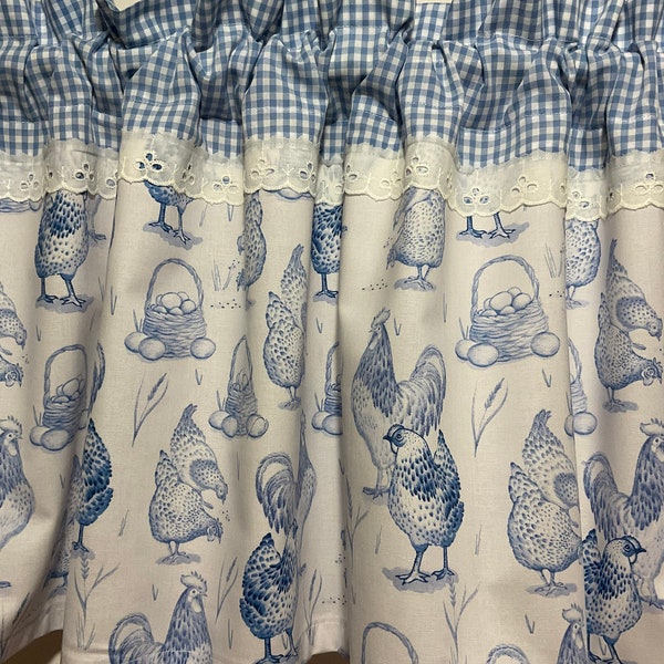 Handmade Blue Plaid and Chicken Valance with Lace,42 x 15 inches