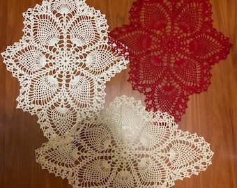 Vintage Pineapple Crochet Doily,Red,White and Ecru