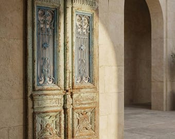 Antique 1920's Azizi wood door – carved door with iron window – vintage architectural salvage
