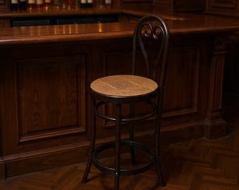 Handgemaakte beukenhouten rieten barkruk – hoge kinderstoel in vintage stijl – thonet rotan zitting