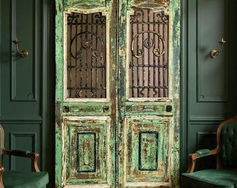 Antique double Azizi wood door – carved rustic door with iron windows – vintage architectural salvage