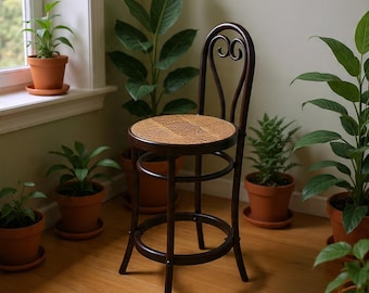 Handmade beech-wood cane bar stool – vintage style high chair - thonet rattan seat