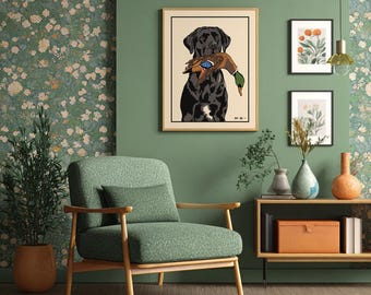 Serigrafía de caza de patos con labrador negro