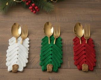 Porte-couverts au crochet pour arbre de Noël, décoration de table des Fêtes (téléchargement numérique)