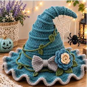 May include: A teal crocheted witch hat featuring a spiraling green vine, a grey bow, a blue and cream flower, and a dangling white spiderweb with a black spider attached to the pointed tip. The hat has a wide, wavy brim with a light grey edge.